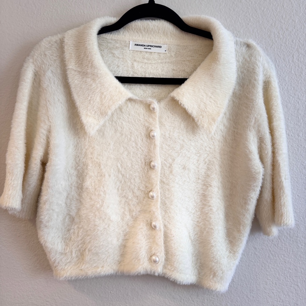 Amanda Uprichard Cream Fuzzy Cardigan, Size Medium